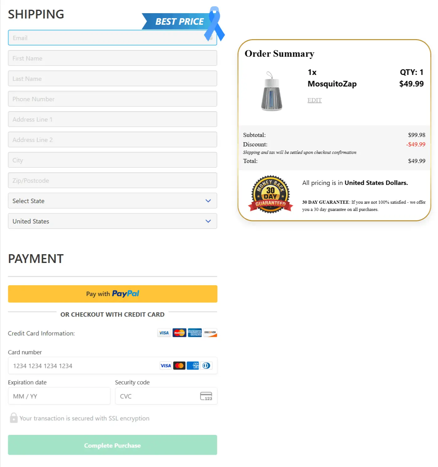 MosquitoZap secure checkout page